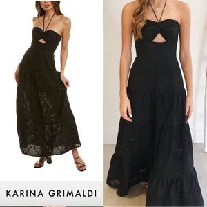Karina Grimaldi Cecil Black Cotton Eyelet Lace Summer Ruffled Maxi Dress